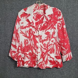 100% Linen Jacket Womens 10 Crimson Maximalist Floral 3/4 Sleeve Zip Up Blazer